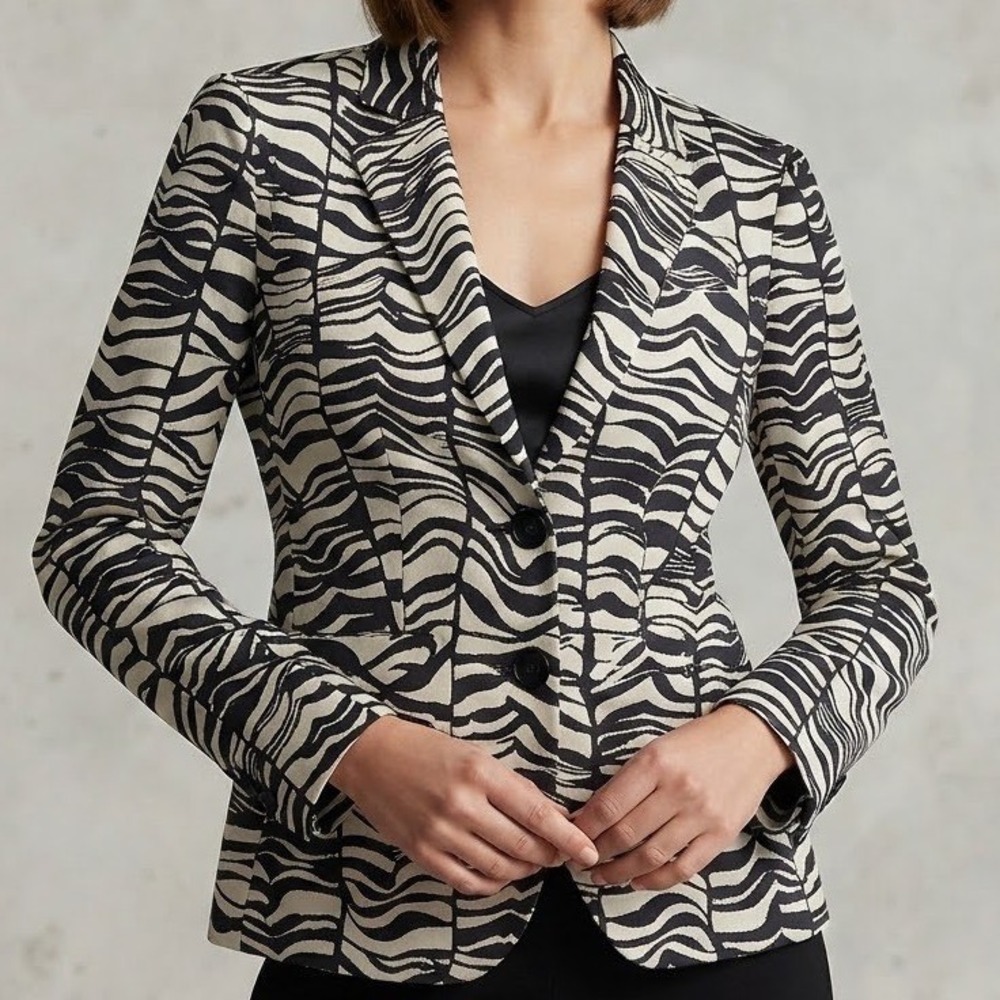 Calvin Klein Women Zebra Print Linen Blend Blazer Black Cream Size 2